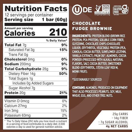 No Cow Vegan Protein Bars, Upgraded Chocolate Fudge Brownie | 20g Plant Based Protein, Gluten Free, Dairy Free, Soy Free, Keto Friendly, Low Sugar, High Fiber Snack Bars | Pack of 12