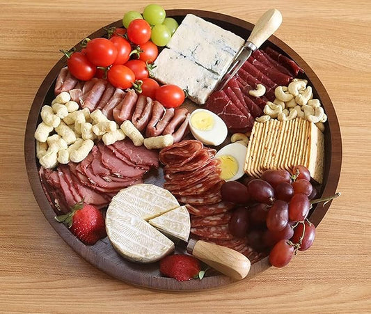 Acacia Wood Round Serving Tray, 13.8" Charcuterie Board with Rim, Decorative Centerpiece for Ottoman, Coffee Table, Couch, Kitchen Island, Round Serving Platter, 1 Pack