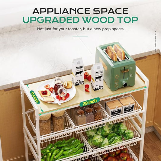 Cinati 4-Tier Utility Kitchen Cart with Wood Top, 29" W Kitchen Storage Cart with 8 Baskets & Handle, Metal Snack Cart with Wheels, Adjustable Pantry Organizer and Storage Cart for Fruit, Vegetables