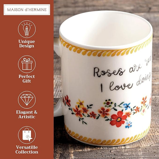 Maison d' Hermine Coffee Mug with Handles Fine Bone China Mugs Pack of One Tea Cups for Hot Beverages Cappuccino Latte Home Office Perfect for Gift (Happy Florals - Sweety Roses Are Red, 15 Ounce)