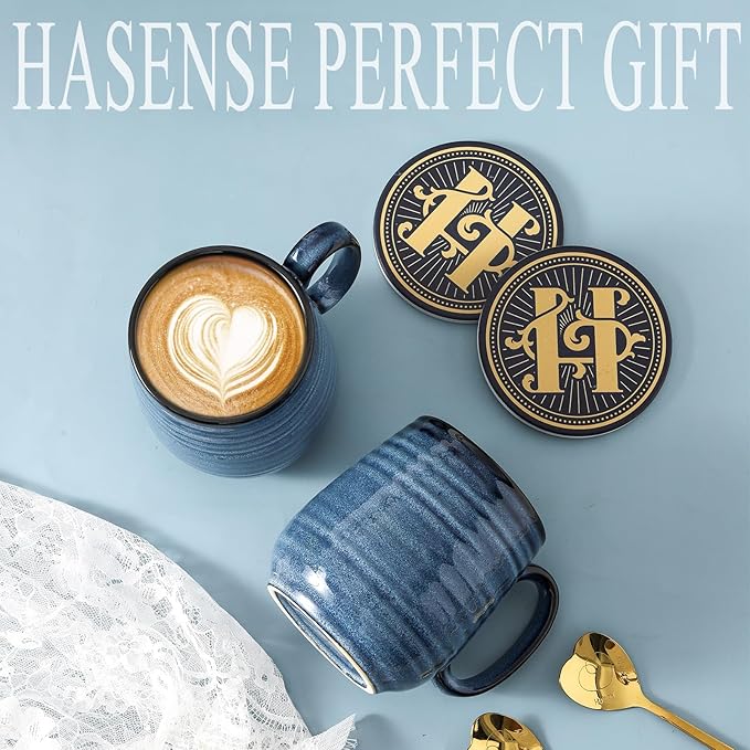 HASENSE Coffee Mugs Gift Set, 20 oz Ceramic Coffee Cups for Men and Women, Premium Large Tea Cups Gift Box with Coaster & Gold Spoon, Blue Couple Mugs for Christmas Thanksgiving