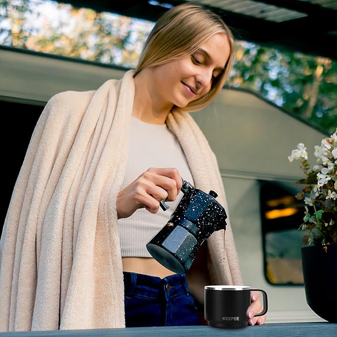 4 oz Stackable Cup with Handle, Vacuum Insulated Espresso Coffee Cup with Ceramic Lining, Stainless Steel, 2 Pack, Black
