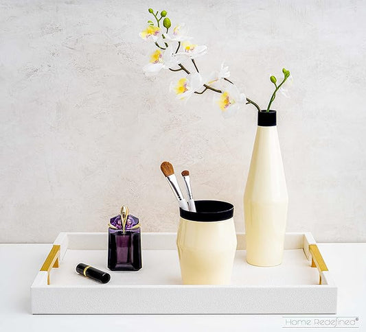 Modern Elegant 17.5"x12" Rectangle Glossy Faux Leather Shagreen White Decorative Serving Tray with Gold Polished Metal Handles for Ottoman Coffee Table Perfume