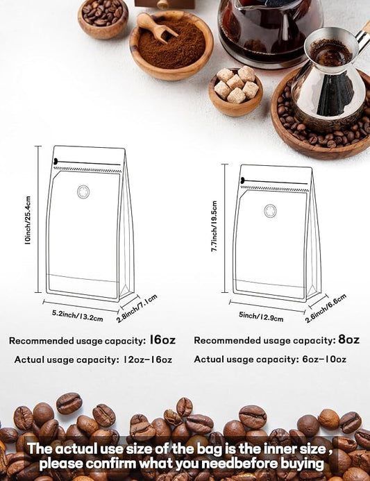 FireKylin 100 PCS Coffee Bags with Valve, (16 oz, 1 lb) Stand Up Pouches, Resealable Vented Food Storage Bags Side Zipper(Black)