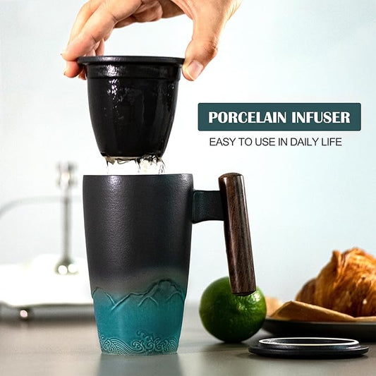suyika Ceramic Tea Cup with Infuser and Lid Tea Mugs Wooden Handle 400ml/13.5oz Dark Green
