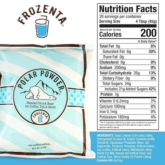 Frozenta At Home Frozen Beverage Drink Base used with Cold Brew, Espresso, Milk to create frozen Frappes, Mochas, Lattes, and Smoothies (20 Servings, Polar Powder)