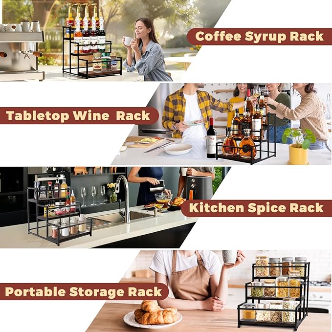 HRUSGO Coffee Syrup Rack Organizer - Metal Bottle Holder for 12 Bottles – Rustic Countertop Display Shelf for Coffee Bar, Kitchen Cabinet, Pantry Storage for Syrups, Liquor, Spice, Tea & Wine (3-Tier)
