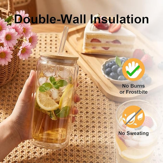 4 Pack Glass Cups with Lids and Straws 16 oz Double Wall Glass Tumbler Insulated Borosilicate Iced Glass Coffee Cups for Iced Coffee, Smoothies, Tea, Juice