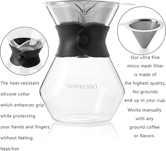 Mixpresso Pour Over Coffee Maker Set Glass Carafe Borosilicate White Protective Silicone Sleeve, Pour Over Coffee Dripper Brewer With Double-layer Stainless Steel Filter 13.5 Oz