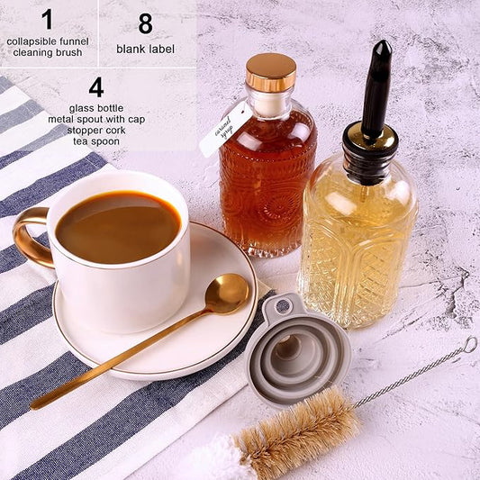 Glass Syrup Dispenser Set - 4 Pack 7oz Bottles with Metal Pour Spouts, Stoppers, Spoons for Coffee, Tea, Vanilla, Caramel, Honey