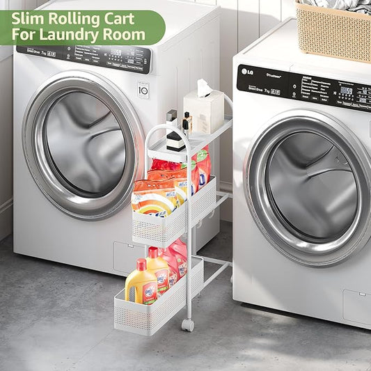 KINGRACK 3-Tier Slim Storage Cart with Pull Out Basket, Rolling Bathroom Organizer Utility, Metal Shelving Unit Slide Out, Lockable Wheels, Easy Assembly for Narrow Place, Kitchen, Laundry Room, White