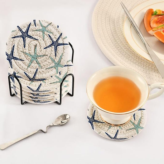 Coastal Coasters Set of 6 Starfish Cotton Coasters for Drinks with Holder, Beach Navy Blue Absorbent Decorative Bar Woven for Coffee Table Protection