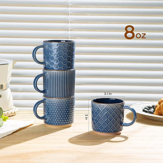GBhome 8OZ Stackable Coffee Mugs, Ceramic Coffee Mugs with Texture Patterns for Man,Woman,Dad,Mom, Modern Coffee Cups Set of 4 for Espresso/Cappuccino/Cocoa. Dishwasher&Microwave Safe, Moonlight Blue