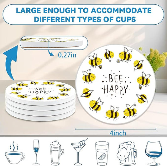 Bee Coasters Set of 4, Absorbent Ceramic with Cork Backing, Bee Happy Coaster Mats for Drinks, Ideal Gifts for Women Men