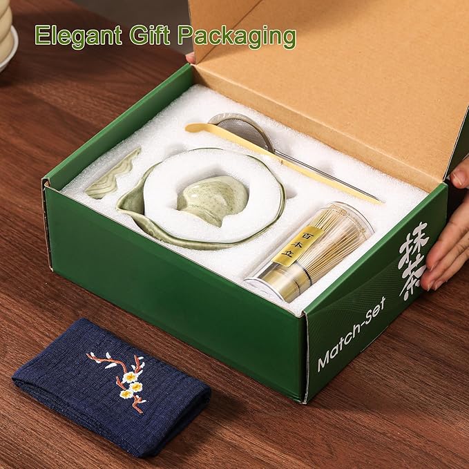 Matcha Whisk Set, 7 Pcs Matcha Kit Includes Ceramic Green Matcha Bowl, Whisk and Holder, Bamboo Scoop, Scoop Stand, Sifter, and Tea Towel - Traditional Tea Ceremony Accessory Set for Matcha Lovers