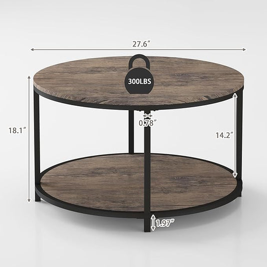 NSdirect Round Coffee Table, 27.5" Small Coffee Table for Living Room,2-Tier Rustic Wood Desktop with Storage Shelf Modern Design Home Furniture(Light Walnut)