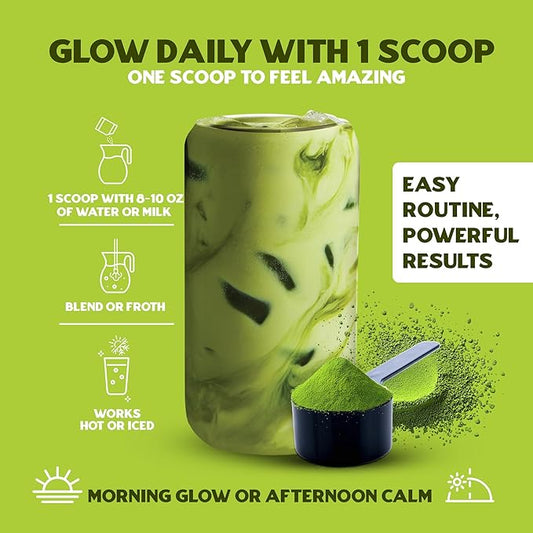 Slim & Glow Matcha Latte Powder – Collagen Peptides, Organic Matcha, Inulin Prebiotic Fiber, Green Tea Extract, Biotin – Gut Health, Craving Control – 14 Servings