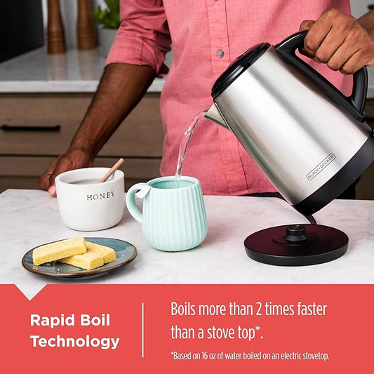 BLACK+DECKER 1.7L Cordless Electric Kettle,KE1700SD,Rapid Boil,Auto Shutoff,Stainless Steel,(Pack of 2)