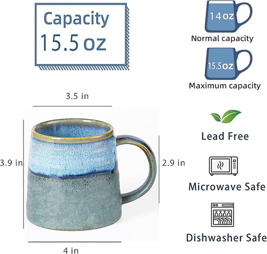 Large Ceramic Coffee Mug, Handmade Pottery Mugs, Tea Cups with Big Handle for Office and Home, 15.5 oz, Dishwasher and Microwave Safe (Rock Green)