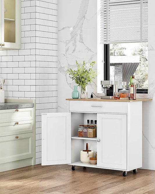 Kitchen Island, Kitchen Island Cart with One Double Cabinet and Drawer, Rolling Storage Cart with Power Strip, with Drop Leaf, for Kitchen, Living Room, White and Natural MZD01UWNN1
