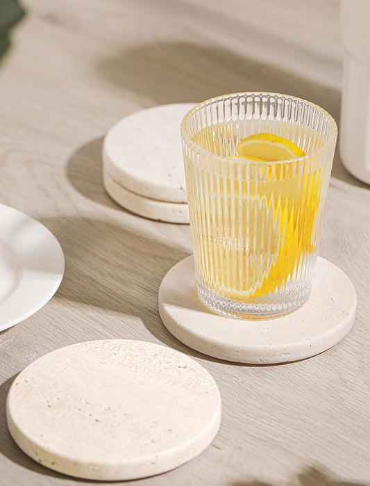 White Travertine Coasters - Set of 4 Round 4” Diameter Drink Marble Coasters for Housewarming Gift, Anniversary, Office - Protect Countertops from Stains - Sturdy and Durable Aesthetics