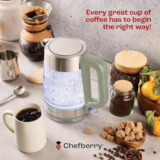 Electric Kettle for Boiling Hot Tea & Water | 1.7L Stainless Steel Borosilicate Glass Boiler With No Plastic, Automatic Shutoff, BPA Free, Fast Heating Technology (Green)