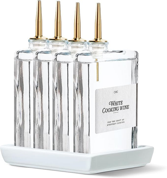COOK WITH COLOR Olive Oil Dispenser Bottle - 4 Pk Glass Oil Dispenser for Kitchen - Condiment, Coffee Syrup & Vinegar Dispenser, Olive Oil Cruet, Includes 8 Auto Pourer Spouts