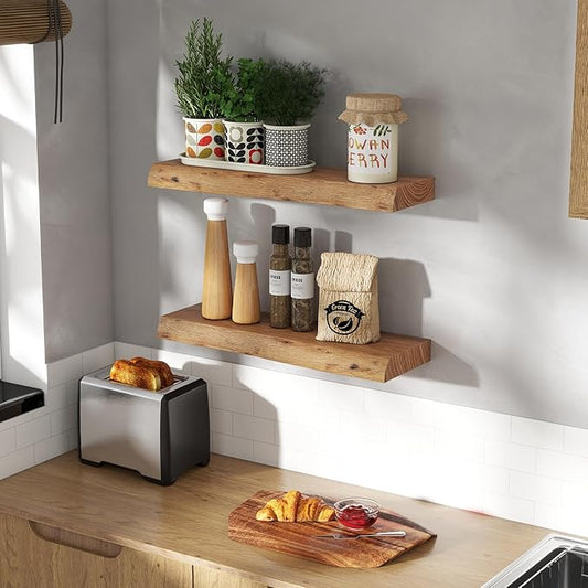 24 Inch Live Edge Floating Shelves for Wall 2 Pack Shelves for Bedroom, Bathroom, Kitchen, Wall Mounted Rustic Solid Elm Wood Floating Shelf with Invisible Bracket for Books, Decor, Storage, Natural