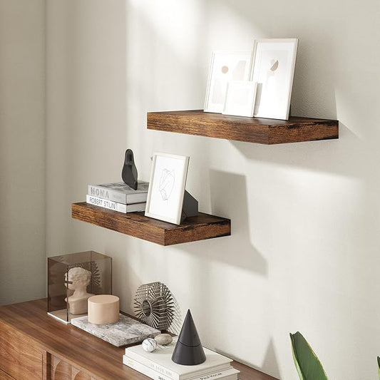 20 Inch Floating Shelves for Wall, 8 Inch Deep Floating Shelf for Storage & Display, Wall Mounted Shelf with Invisible Brackets for Living Room, Kitchen, Bathroom, Home Decor, Set of 2, Rustic Brown