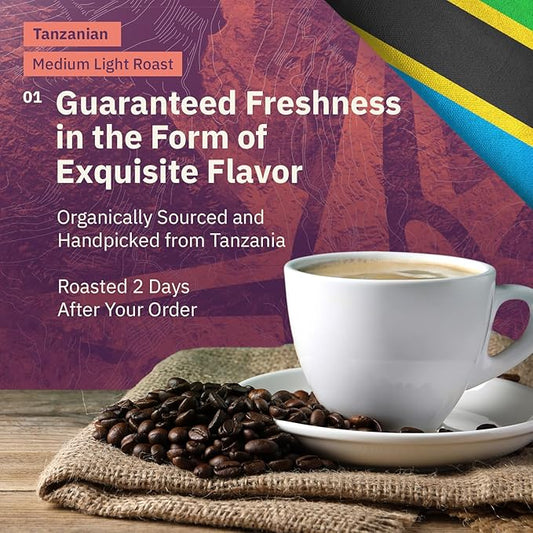 Tanzanian Peaberry Coffee Whole Bean - Single Origin Medium Light Roast, Roasted To Order Whole Bean Coffee Specialty Grade, Fair Trade and Non-GMO
