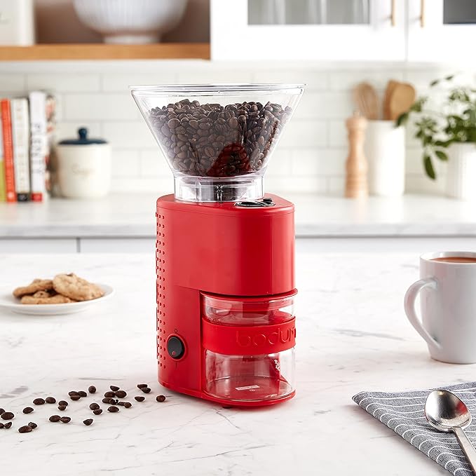 Bodum Bistro Electric Conical Burr Coffee Grinder, Preset Timer, 12 Grind Settings, Red (Pack of 2)