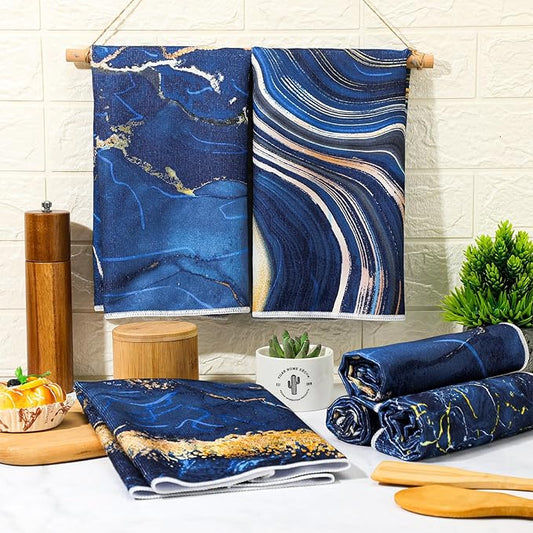 Boyiee 6 Pcs Marble Hand Towels Blue and Gold Towels Navy Blue Kitchen Towel Modern Gifts Absorbent Soft Decorative Dish Cloths Tea Towel Set Kitchen Decor Ocean Gift for Holiday Farmhouse Bathroom