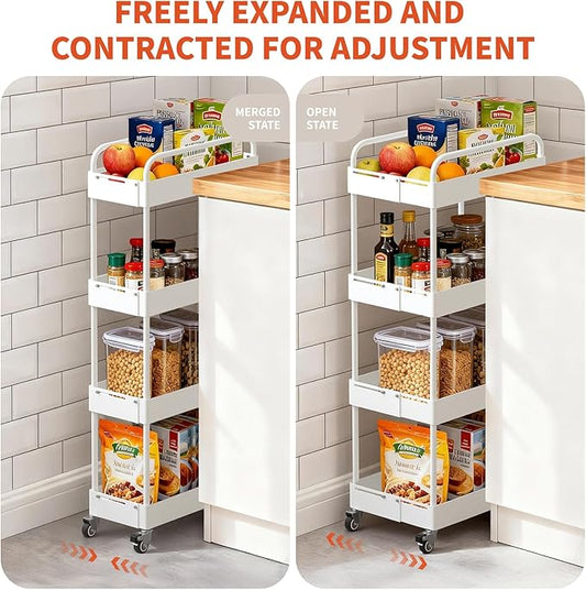 HOTEAGLE 4-Tier Rolling Cart Metal Expandable Utility Carts with Wheels, Ideal Storage Organizer for Livingroom, Bedroom, Kitchen and Bathroom, White