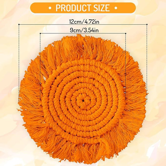 Whaline 4Pcs Boho Macrame Coasters Yellow Orange Handmade Woven Drink Coasters Farmhouse Rustic Cup Mat Pad for Home Kitchen Office Fall Party Table Decor