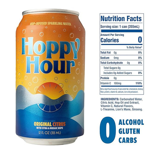 Hoppy Hour Sparkling Hop Water, Non-Alcoholic and Adaptogens Drink, Zero Sugar and Calories, Refreshing Original Citrus Flavor, 12 oz Cans (12-Pack)