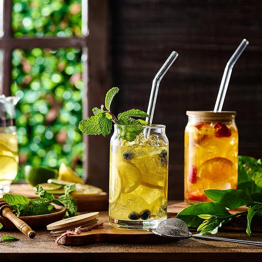 Set of 4 Can Shaped Drinking Glasses With Bamboo Lids & Straws - 16oz Clear Snifter Water Cups for Iced Coffee, Tea, Cocktails, Whiskey, Soda - Tumbler Cup