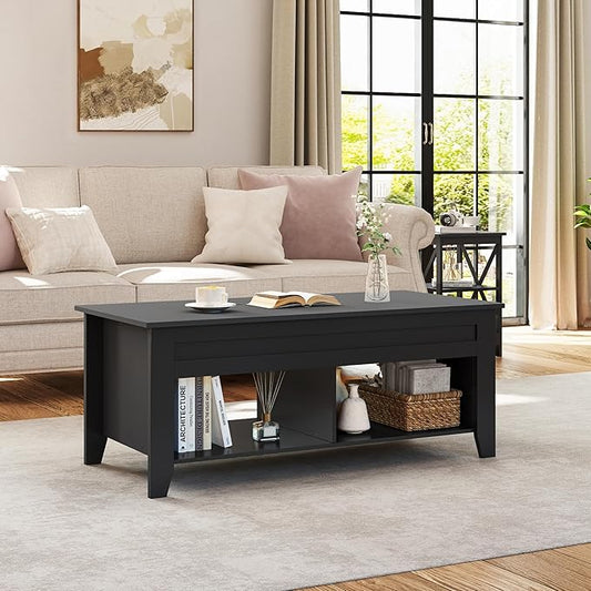 Yaheetech Black Wood Coffee Table Lift Top Coffee Table w/Hidden Storage & 2 Open Shelves for Living Room Reception Room Office, 39.5in L
