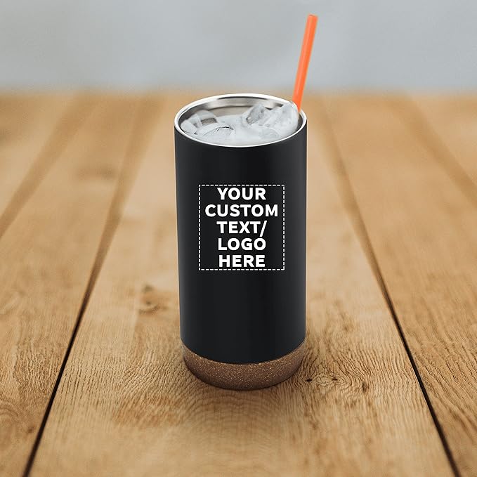 DISCOUNT PROMOS Custom Tumblers Cork Bottom 16 oz Set of 10/50/100 Personalized Bulk Pack Double Wall Insulated Matte Finish Iced Coffee Soda - Black