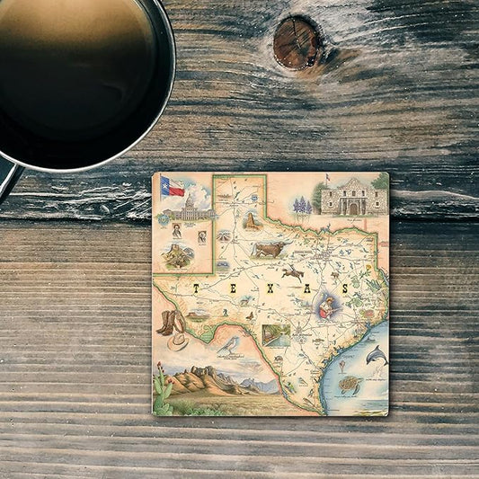 Xplorer Maps Regional Ceramic Texas Coaster, Highly Absorbent Tabletop Protection - for Cold Drinks, Wine, and Drinking Glass - Suitable for Any Kinds of Mugs and Cups.