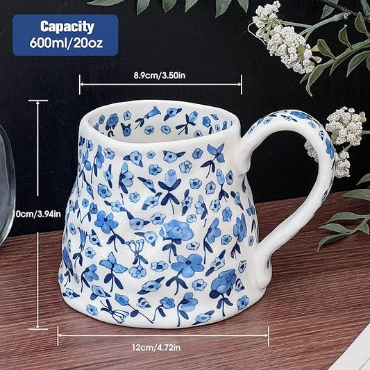 Large Ceramic Coffee Mug Cute Flower with Handmade Big Handle, 20oz Girly Blue Floral Tea Cup for Women Valentine Gift, Novelty Irregular Oversized Christmas Mugs for Latte Tea Milk Cocoa