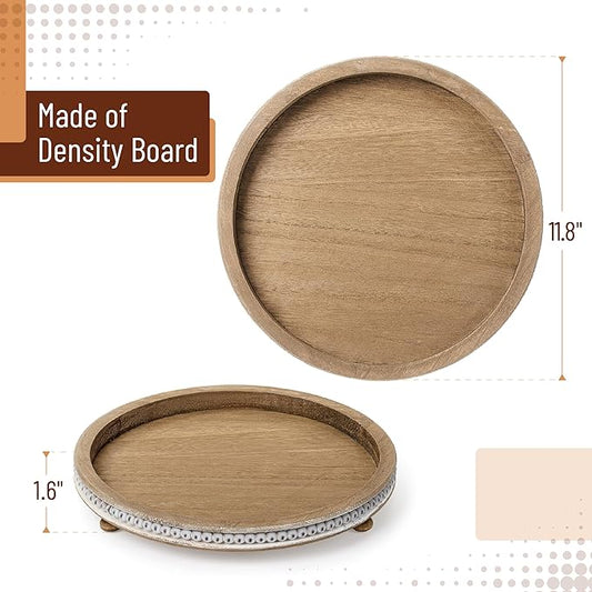 Bamboo Land- Round Decorative Trays for Coffee Table, 12", Warm Brown, Wood Tripod & Beaded Design, Wooden Round Tray for Coffee Table