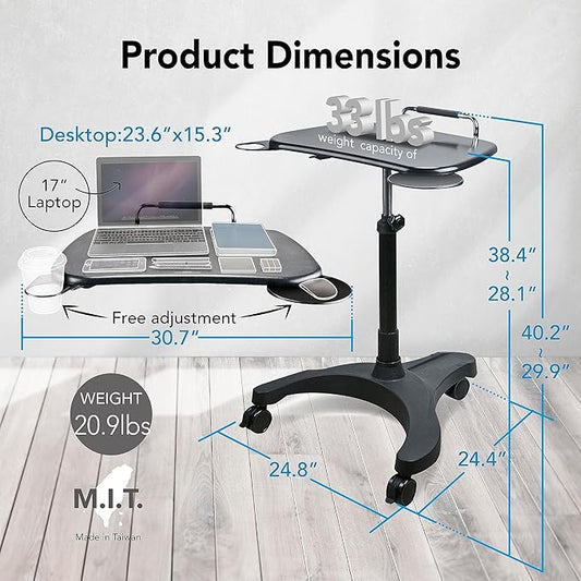 EHO Mobile Laptop Desk Cart with Wheels, Height Adjustable Standing Desk with Pneumatic Lift, Rolling Workstation with Mouse Tray and Cup Holder, Portable Table for Home Office or Classroom
