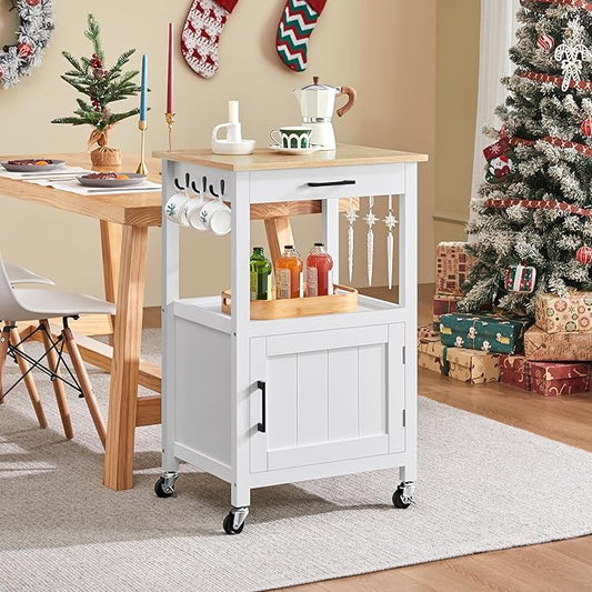 Yaheetech Kitchen Island Cart with Storage, Rolling Kitchen Island on Wheels with 6 Side Hooks, Wood Top Microwave Cart with Drawer for Dining Room, White