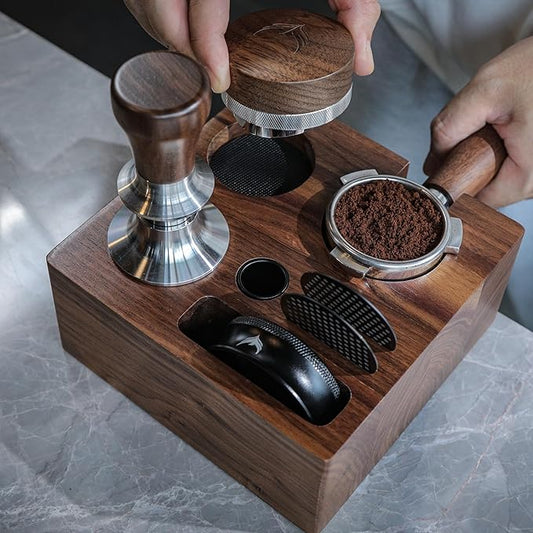 58.5mm Espresso Barista Kit – Walnut Espresso Press Tool Tamper, Espresso Distributor, Tamping Box, Dosing Funnel, Puck Screens, and WDT Tool