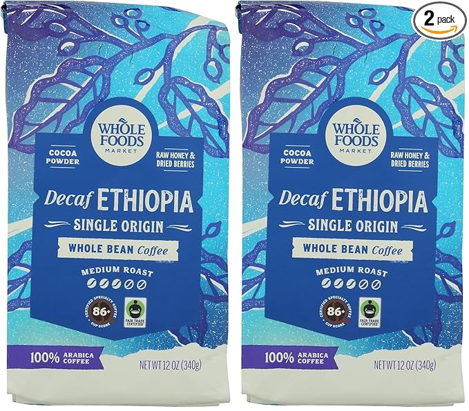 WHOLE FOODS MARKET Whole Bean Decaf Ethiopia Coffee, 12 OZ (Pack of 2)