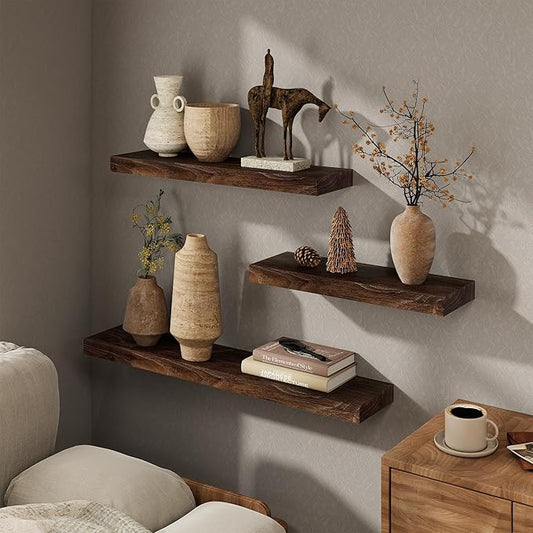 Marsmiles 30 inch Floating Shelves for Wall Solid Elm Wood Shelves|Rustic Wall Shelves with Invisible Heavy-Duty Bracket for Bathroom Living Room Kitchen|Walnut, 2 Pack