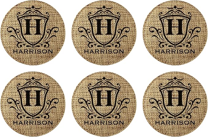 Smile Art Design Family Personalized Monogram Coaster Set of 6 with Base Round Burlap Material Family Name Personalized Prints House Warming Wedding Gift Dining Room Kitchen Rustic Decor Style4