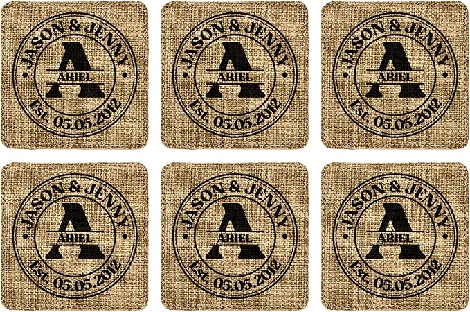Smile Art Design Family Monogram Custom Coaster Set of 6 with Base Square Burlap Material Family Name Personalized Prints Personalized Gifts Housewarming Wedding Gift Rustic Home Decor Style2