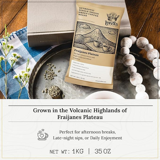 Leiva’s Unroasted Green Coffee Beans (1kg) – Fraijanes Plateau Single Origin Coffee w/Aromatic Notes – Washed, Shade Grown Organic Guatemala Beans – Bright Acid, Whole Bean Unroasted Blend