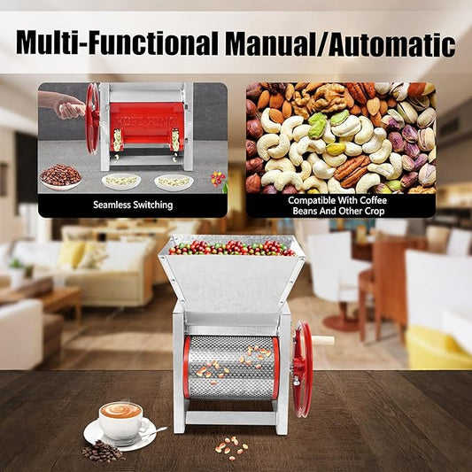 Coffee Bean Roaster Machine Fresh Coffee Bean Peeling Machine, Semi-Automatic & Manual Beans Shelling Machine with Handle, 304 Stainless, Double Discharge Ports for Shops, Farms, Homes Use